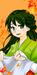 black_hair, female, glasses, green_eyes, haru_haro, japanese_clothes, kimono, long_hair, solo, suikoden, suikoden_ii, yoshino_yamamoto