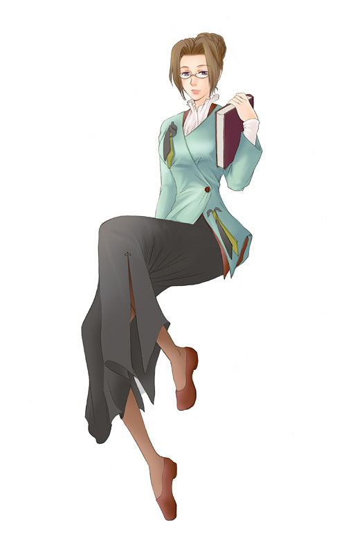 black_eyes, book, brown_hair, chikican, emilia_(suikoden), female, glasses, hair_bun