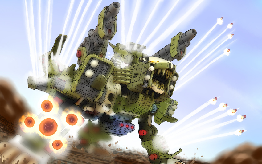 absurdres, cannon, claws, commentary, fangs, firing, highres, itano_circus, liger_zero_panzer, mecha, missile, missiles, no_humans, smoke_trail, solo, yellow_eyes, yoroshi_(yoroshii_seikatsu), zoids, zoids_shinseiki/zero