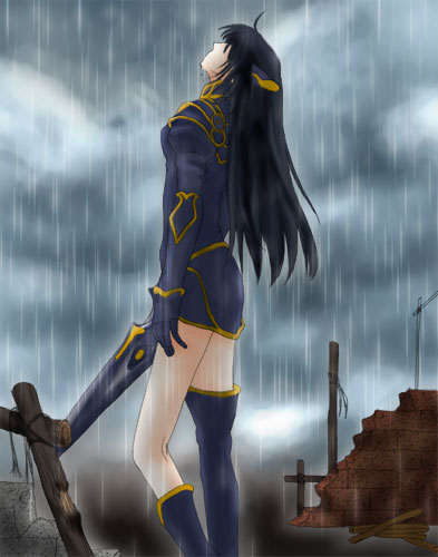 black_hair, boots, chikican, female, legend_of_dragoon, long_hair, looking_up, rain