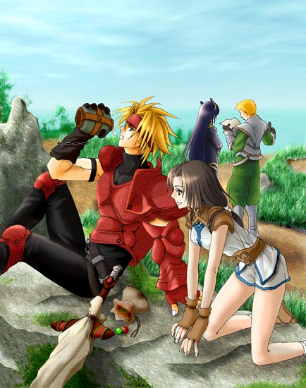 2boys, 2girls, armor, black_hair, blonde_hair, brown_hair, chikican, dart_feld, female, fingerless_gloves, gloves, headband, lavitz_slambert, legend_of_dragoon, long_hair, male, rose_(lod), shana_(lod), short_hair, sitting, sky, sword, tiara