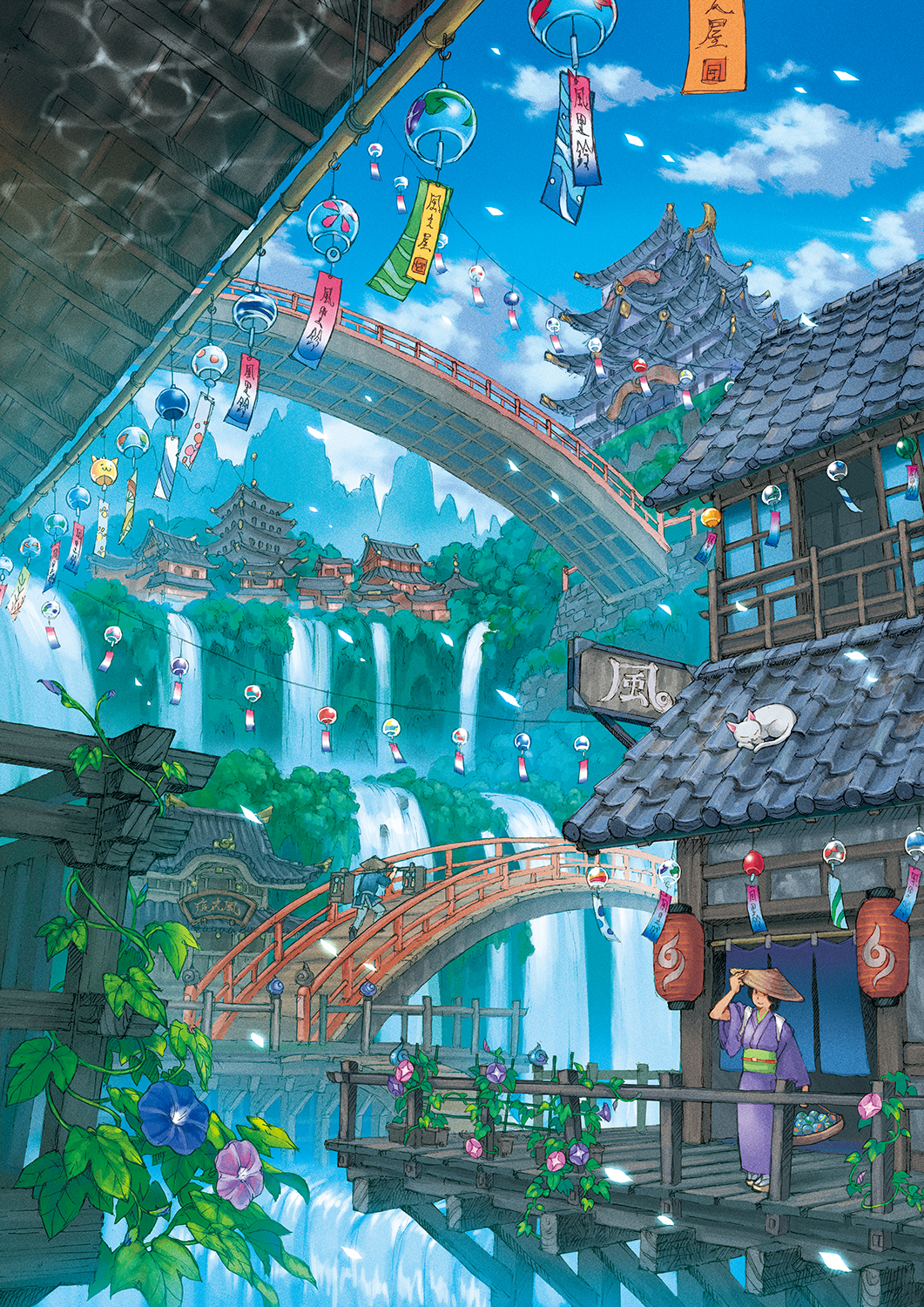 1boy, 1girl, adjusting_clothes, adjusting_headwear, animal, architecture, black_hair, blue_sky