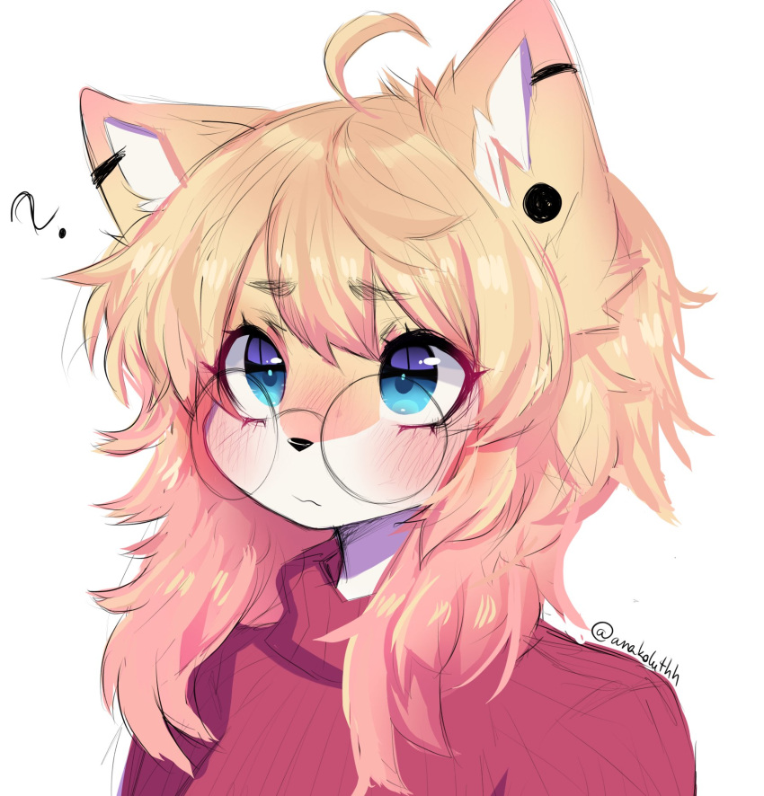 1girl, ?, ahoge, anakoluth, animal_ears, blonde_hair, blue_eyes, blush, cat_ears, cat_girl, closed_mouth, eyebrows_visible_through_hair, furry, glasses, highres, looking_at_viewer, medium_hair, messy_hair, original, red_sweater, ribbed_sweater, round_eyewear, sketch, solo, sweater, turtleneck, turtleneck_sweater, twitter_username, upper_body