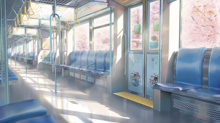 cherry_blossoms, commentary_request, door, ground_vehicle, highres, no_humans, original, plant, scenery, seat, shade, sunlight, train, train_interior, tree, user_swzc2434, window