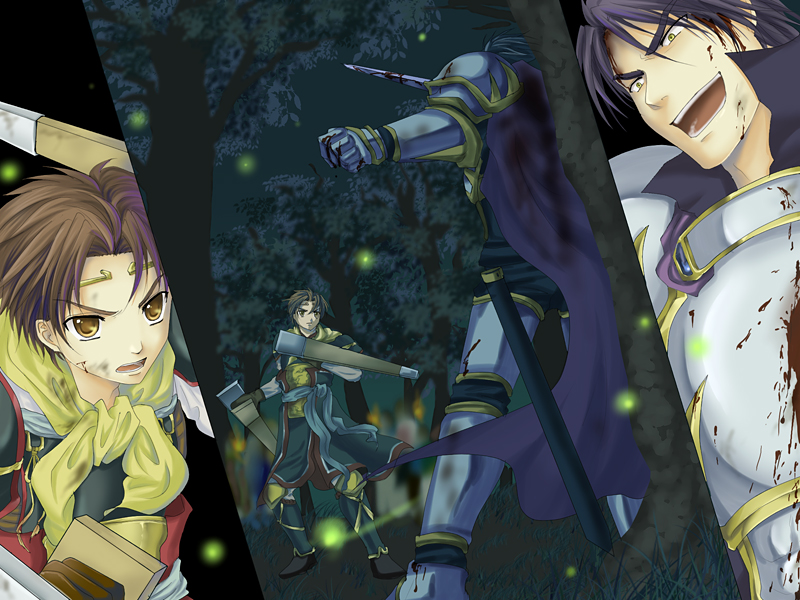 angry, armor, bangs, battle, black_hair, blood, boots, brown_eyes