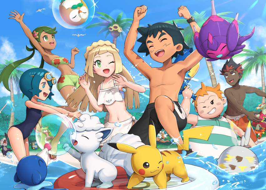 3boys, 3girls, ;d, alolan_exeggutor, alolan_marowak, alolan_vulpix, ash_ketchum, beach