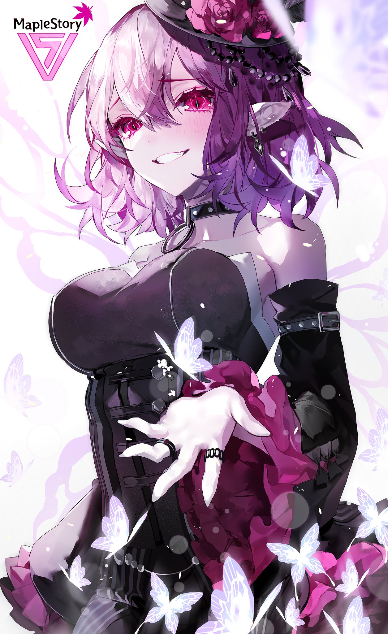 1girl, bangs, bare_shoulders, black_collar, black_corset, black_dress, breasts, bug