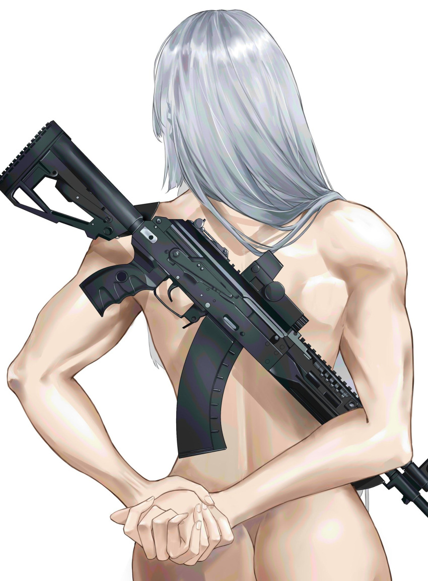 ak-15, ak-15_(girls'_frontline), arms_behind_back, ass, assault_rifle, butt_crack, cowboy_shot, eesikr, from_behind, girls_frontline, gun, highres, kalashnikov_rifle, muscular, muscular_female, own_hands_clasped, own_hands_together, rifle, silver_hair, weapon, white_background