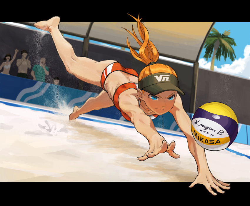 2girls, 3boys, artist_name, beach, beach_volleyball, bikini, black_headwear, blue_eyes, breasts, closed_mouth, clouds, commentary_request, day, full_body, hair_tie, highres, jumping, kongou_b, leg_up, letterboxed, long_hair, looking_away, multiple_boys, multiple_girls, orange_hair, original, outdoors, outside_border, outstretched_arms, palm_tree, ponytail, red_bikini, sand, shade, small_breasts, solo_focus, sports_bikini, sunlight, swimsuit, toned, tree, visor_cap, volleyball