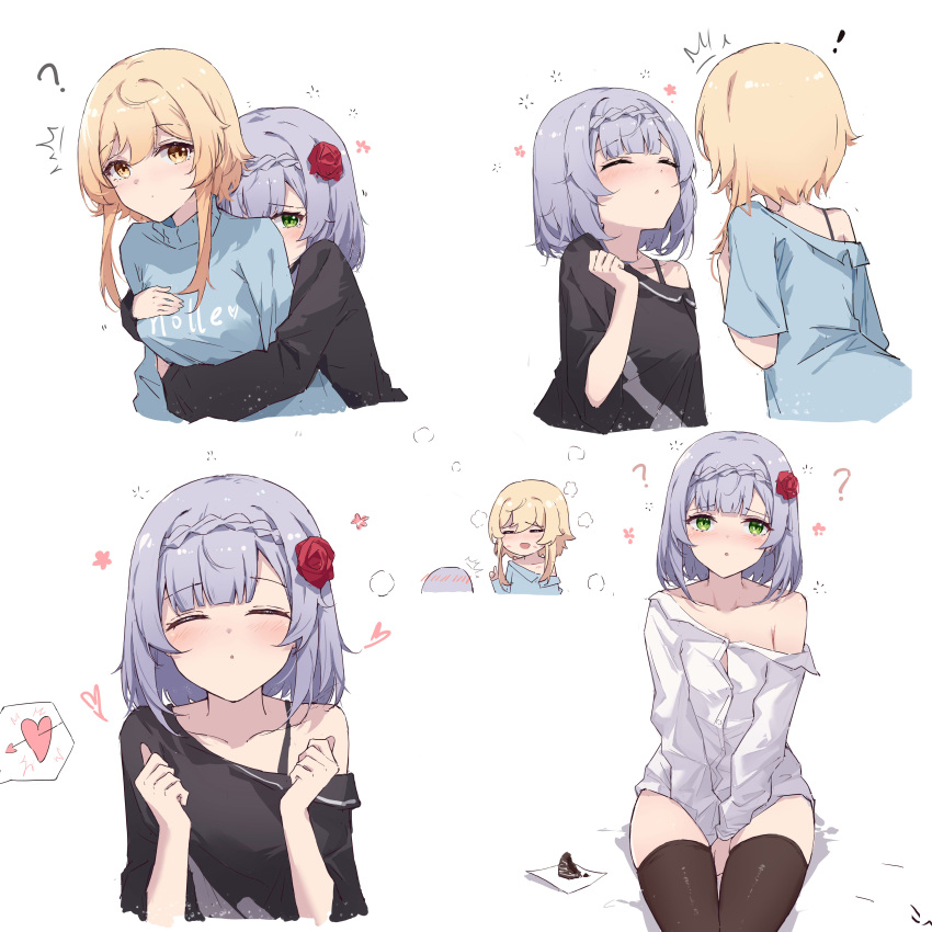 !, 2girls, ?, absurdres, arrow_through_heart, bangs, between_legs, black_shirt