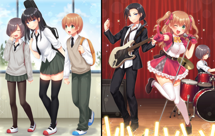 1boy, 2girls, bangs, black_hair, blue_eyes, bob_cut, breast_padding, breasts