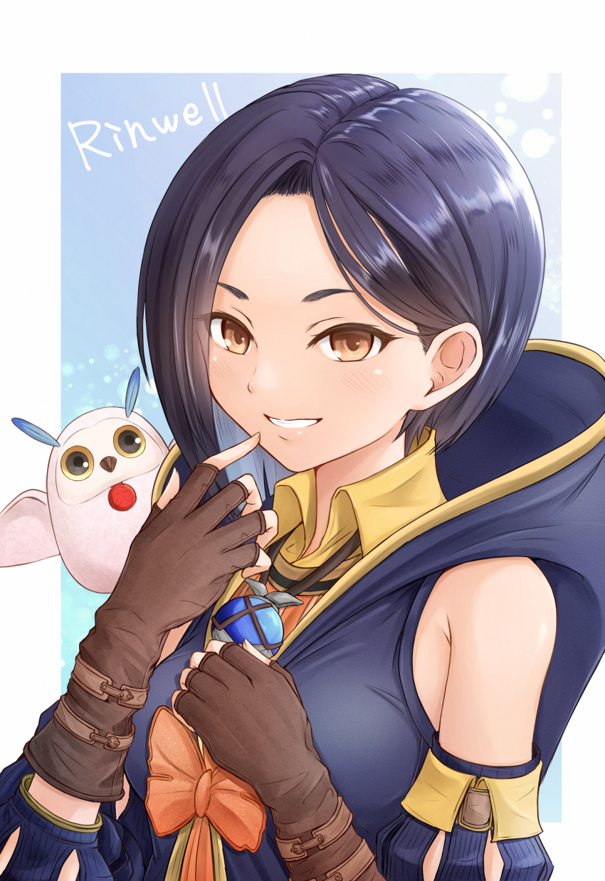 1girl, absurdres, bird, black_hair, breasts, brown_eyes, brown_gloves, character_name