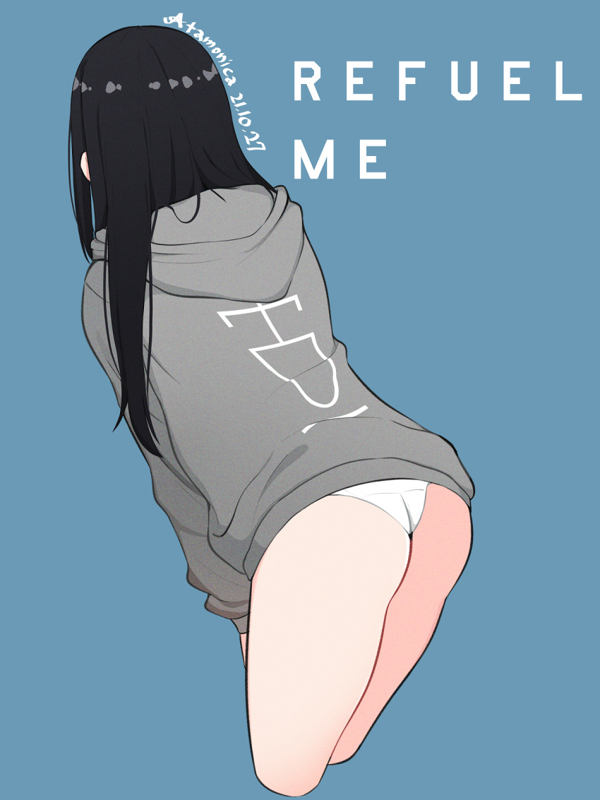 1girl, ass, atamonica, back, black_hair, blue_background, commentary, cowboy_shot