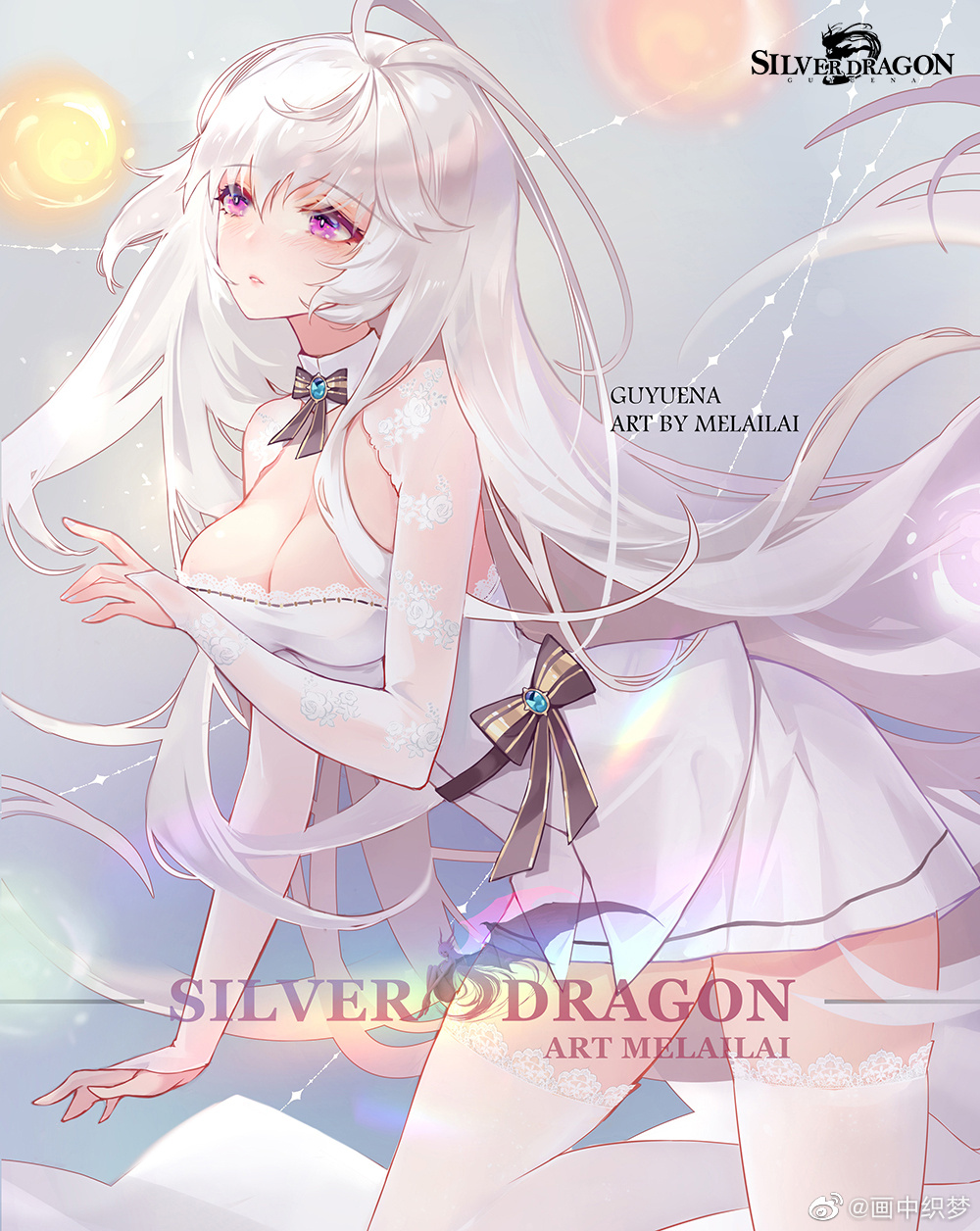1girl, douluo_dalu, dress, glowing, highres, long_hair, ribbon, silver_hair, skirt, thigh-highs, thread, violet_eyes, weibo_id, weibo_logo, white_dress