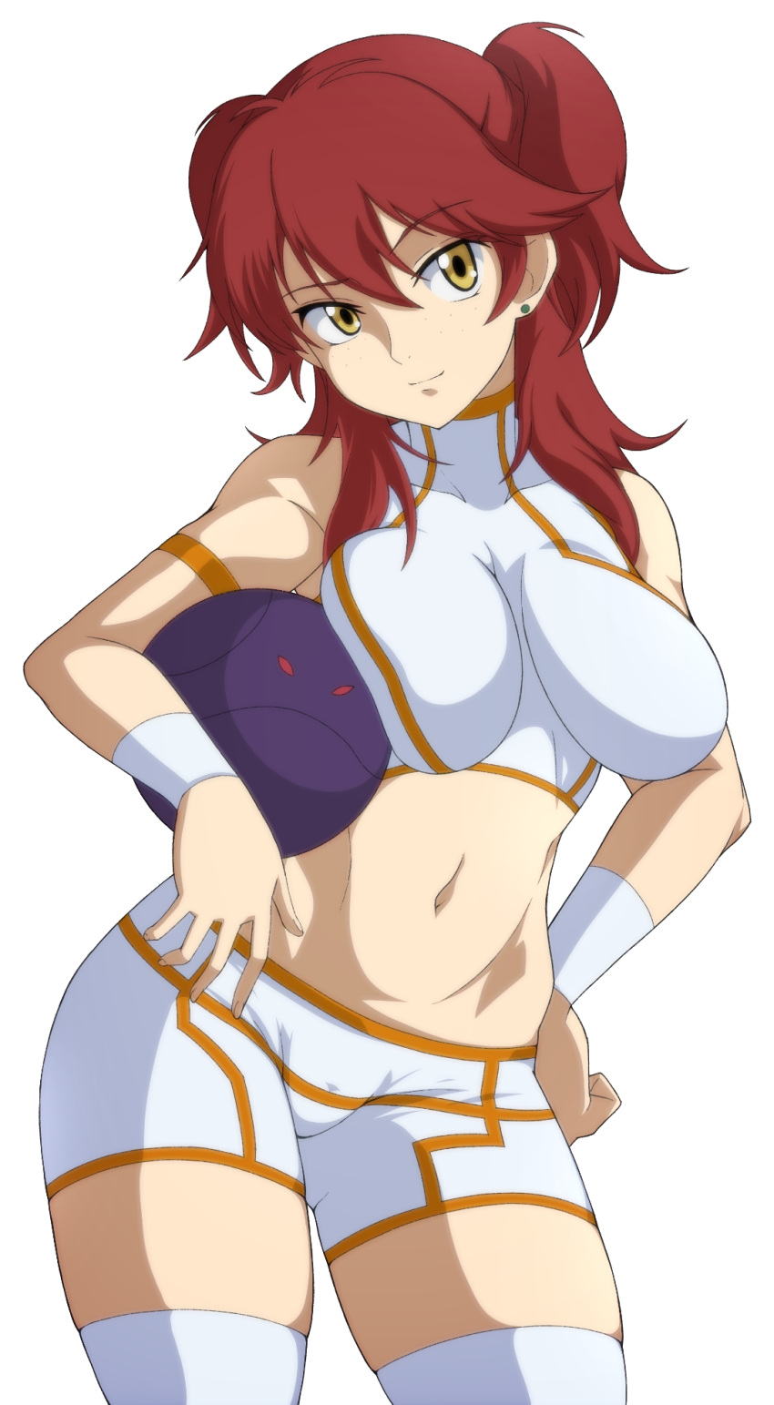 1girl, bad_haro, bike_shorts, breasts, crop_top, freckles, gundam, gundam_00