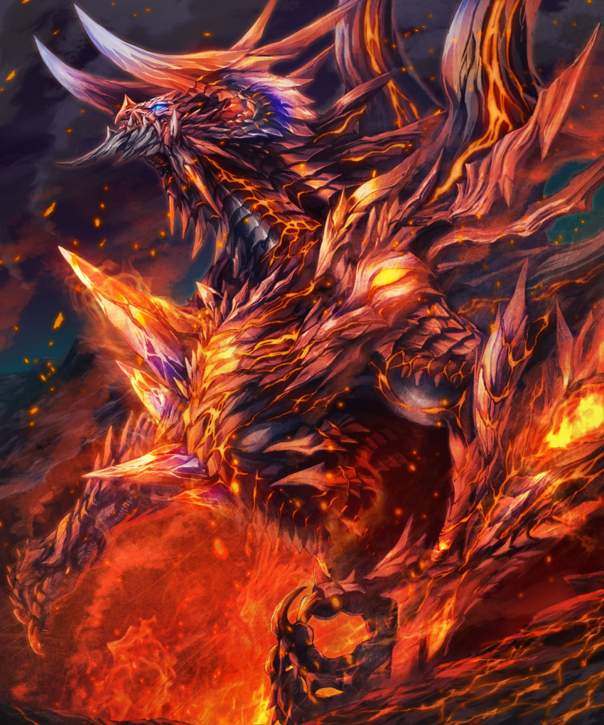 1other, blue_eyes, claws, closed_mouth, commentary, dragon, dragon_horns, fire