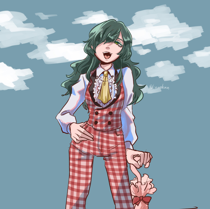 1girl, absurdres, ascot, black_collar, blue_sky, breasts, buttons, center_frills, closed_umbrella, clouds, collar, collar_chain, collared_vest, frilled_shirt, frills, green_eyes, green_hair, hand_on_hip, highres, kazami_yuuka, kazami_yuuka_(pc-98), kinuekun, laughing, long_hair, long_sleeves, looking_up, outdoors, pants, plaid, plaid_pants, plaid_vest, pocket, shirt, sky, smile, solo, touhou, umbrella, vest, white_collar, yellow_ascot