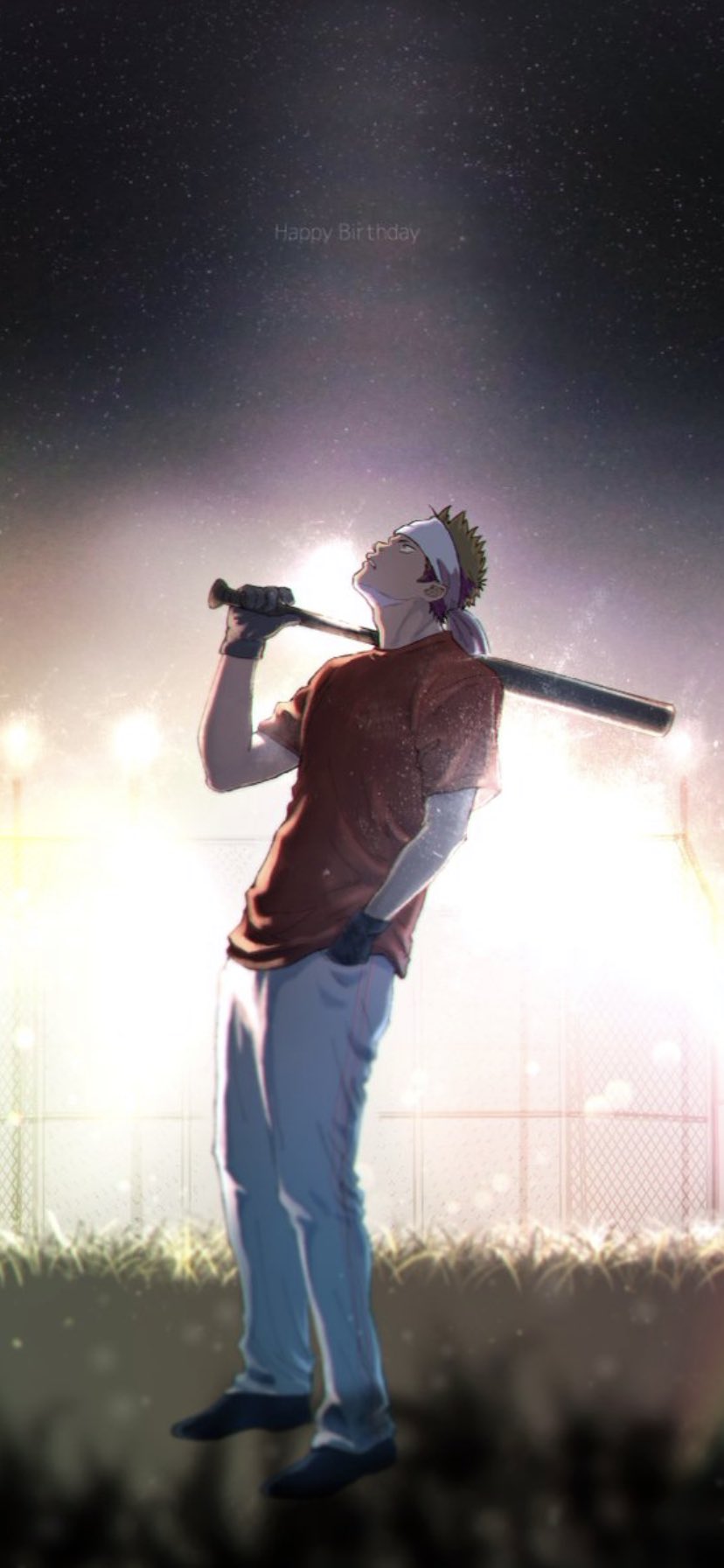 1boy, ace_of_diamond, baseball_bat, black_gloves, chan_aet, dark_green_hair, gloves, hand_in_pocket