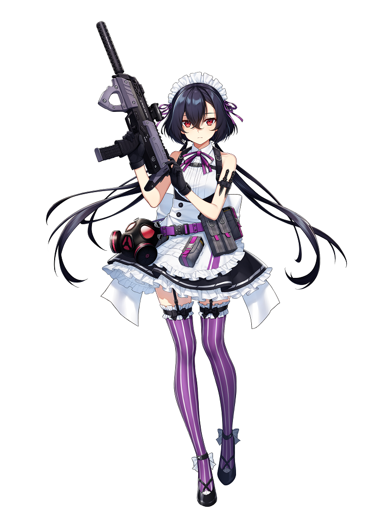 1girl, bare_shoulders, belt, black_gloves, black_hair, counter_side, full_body, gas_mask