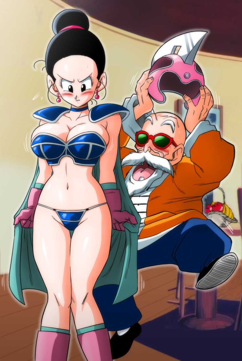 1girl, absurdres, armor, bald, beard, bikini_armor, black_hair, blush, cape, chi-chi_(dragon_ball), dragon_ball, dragon_ball_(classic), facial_hair, fruit_bowl, helmet, highres, house, indoors, mustache, muten_roushi, old, old_man, open_mouth, smile, sunglasses, yamamoto_doujin