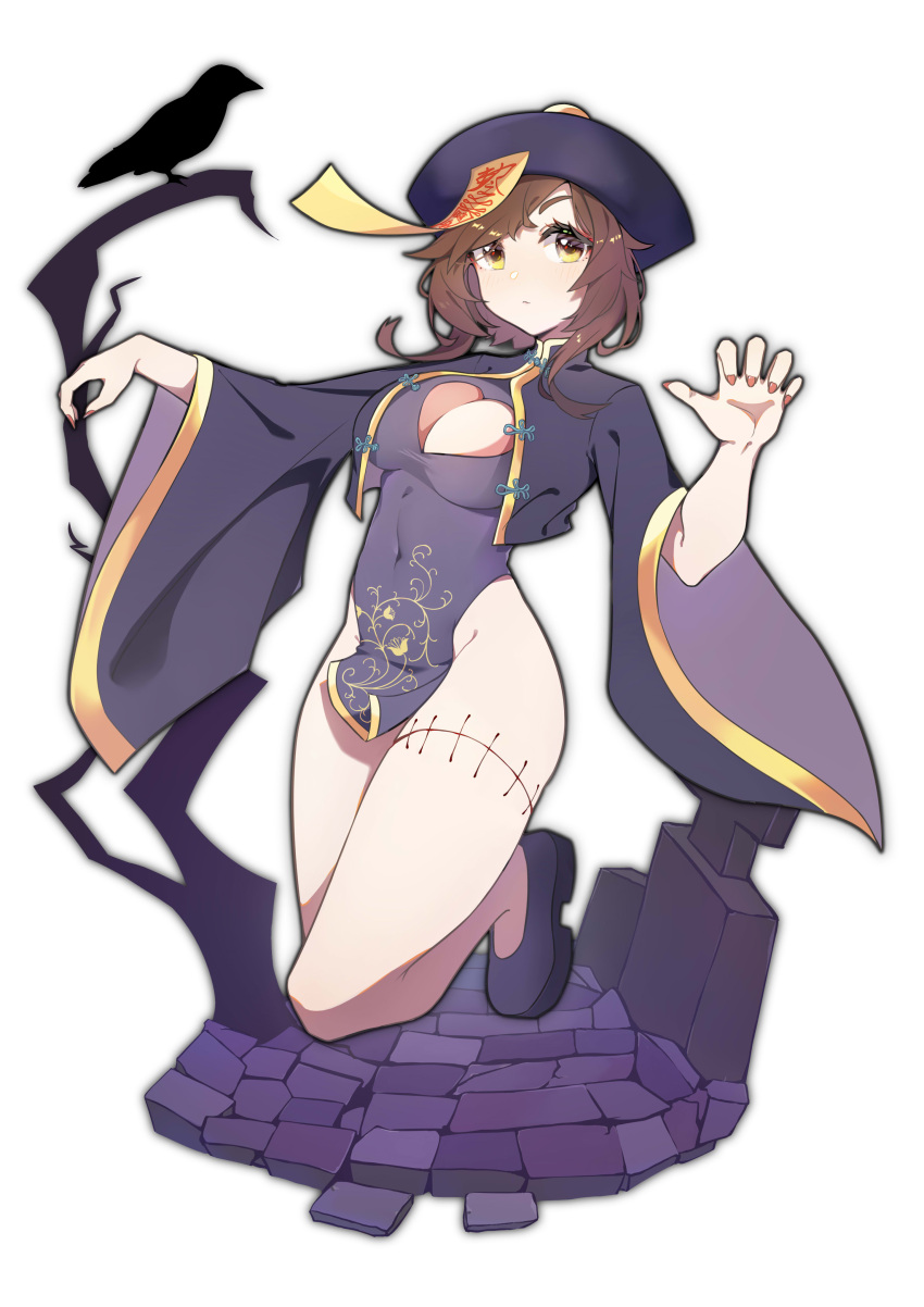 1girl, absurdres, bangs, blush, breasts, brown_hair, china_dress, chinese_clothes