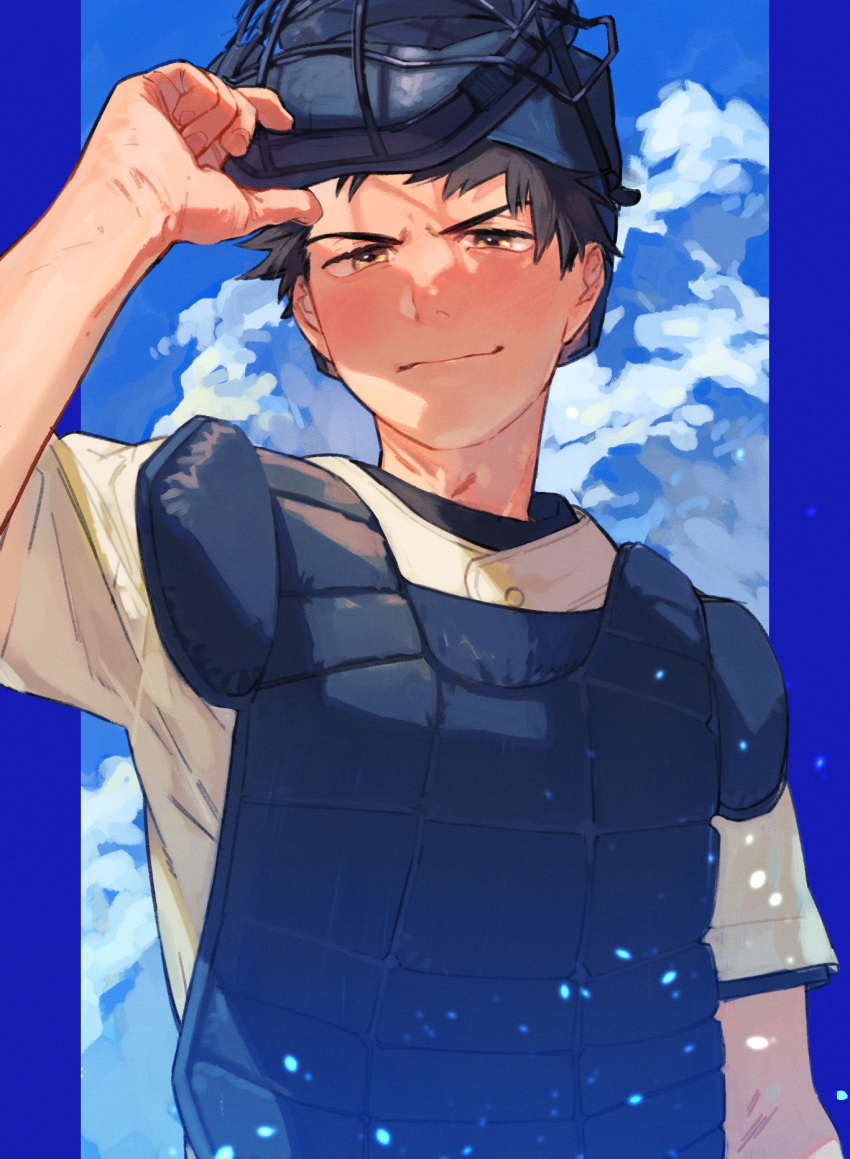 1boy, abe_takaya, baseball_helmet, baseball_jersey, baseball_uniform, black_hair, brown_eyes, chest_protector, closed_mouth, clouds, day, helmet, highres, looking_at_viewer, male_focus, ookiku_furikabutte, outdoors, polypumb_fr, short_hair, sky, smile, solo, sportswear, upper_body