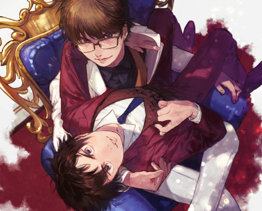 2boys, ace_of_diamond, bangs, black_shirt, brown_eyes, brown_hair, brown_vest, collared_shirt