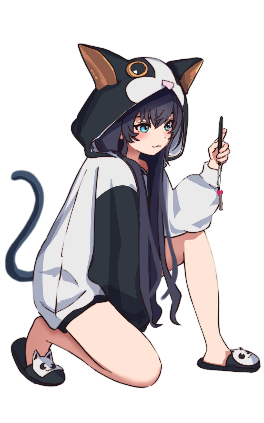 1girl, :3, absurdres, animal_hood, arknights, binware, black_footwear, black_hair