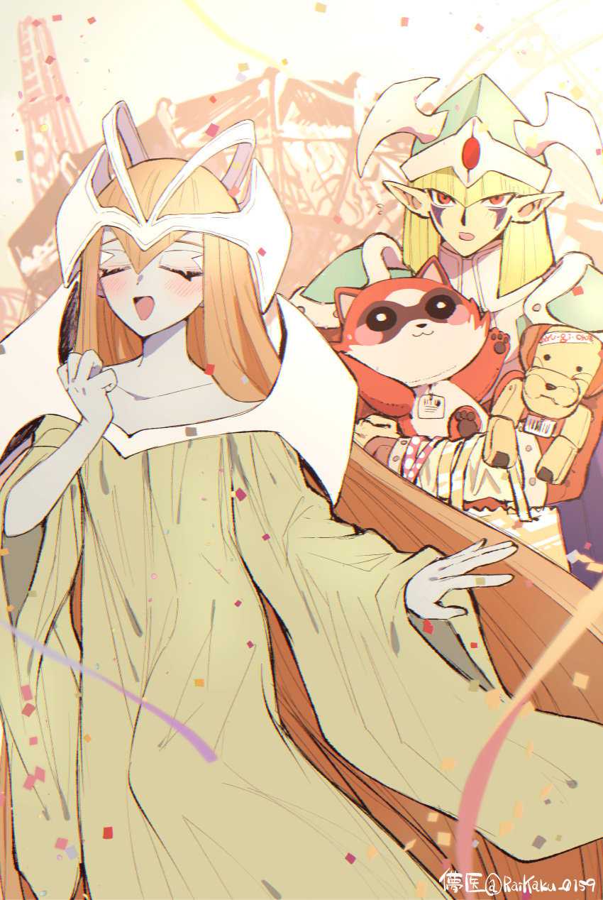 1boy, 1girl, :d, absurdres, armor, artist_name, blonde_hair, blue_skin