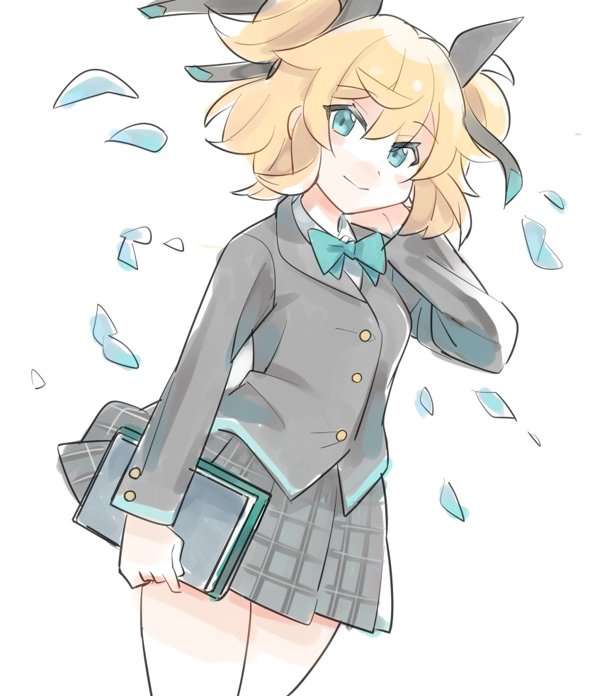 1girl, alternate_costume, aqua_bow, aqua_bowtie, aqua_eyes, arm_at_side, bangs, black_jacket