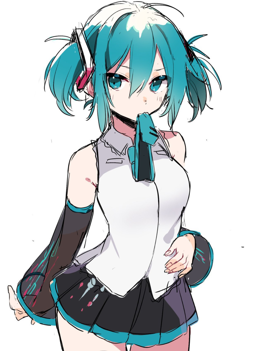 1girl, alternate_hair_length, alternate_hairstyle, aqua_eyes, aqua_hair, aqua_necktie, bare_shoulders, black_skirt