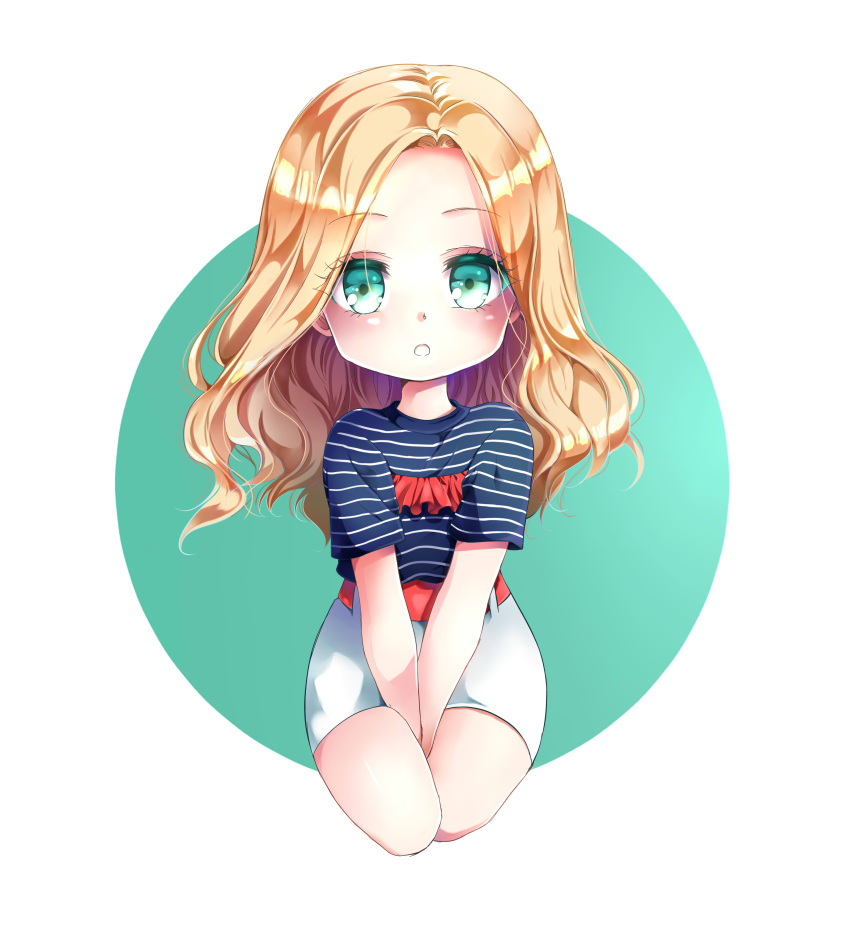 1girl, :o, absurdres, animification, belt, between_legs, blonde_hair, blue_shirt