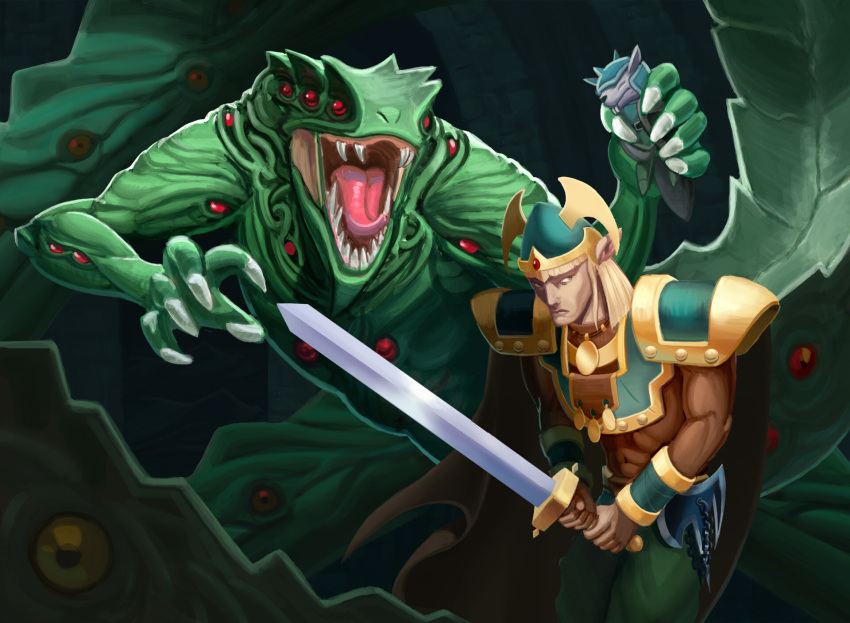 armor, beaver, beaver_warrior, black_cape, blonde_hair, bracer, cape, celtic_guardian