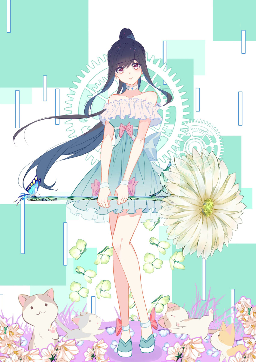 1girl, absurdres, black_hair, bug, butterfly, cat, douluo_dalu, dress, flower, grass, green_dress, gu_yue_(douluo_dalu), highres, ponytail, ribbon, smile, teenage