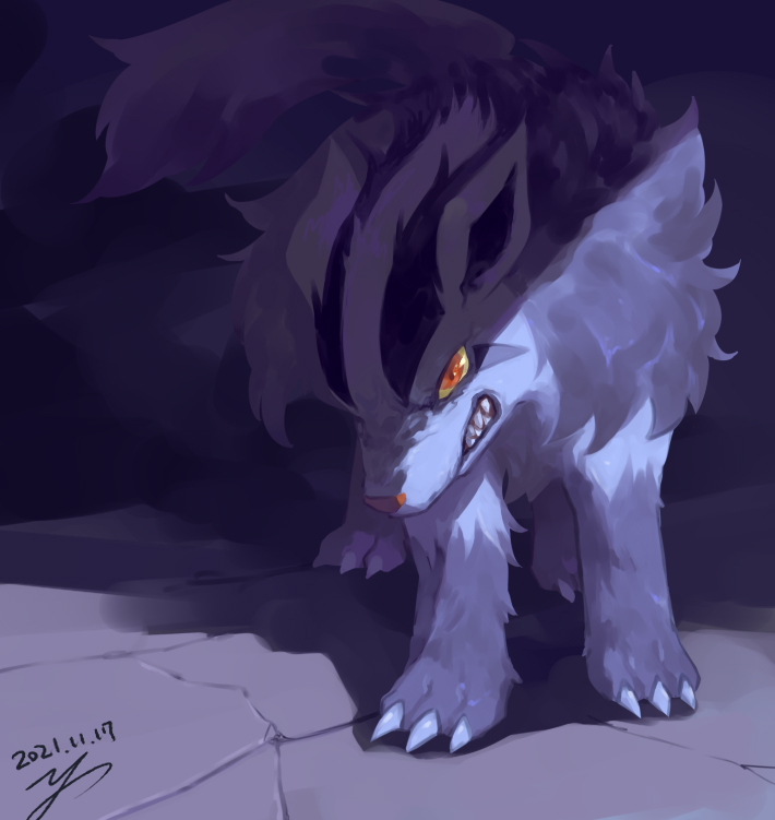 claws, colored_sclera, commentary_request, dated, looking_at_viewer, mightyena, no_humans, orange_eyes
