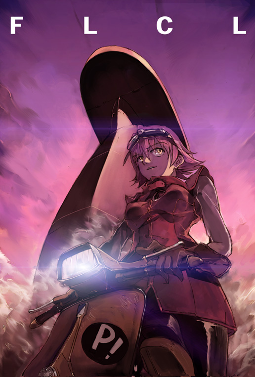flcl, haruhara_haruko, iron, kitano_yuusuke, motor_vehicle, scooter, vehicle, vespa