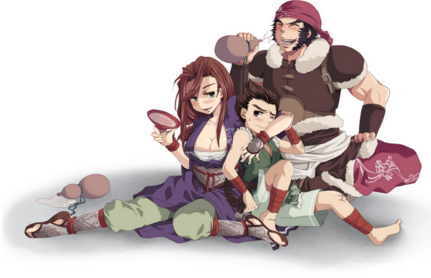 2boys, armor, bandana, beard, big_breasts, black_hair, blush, boy