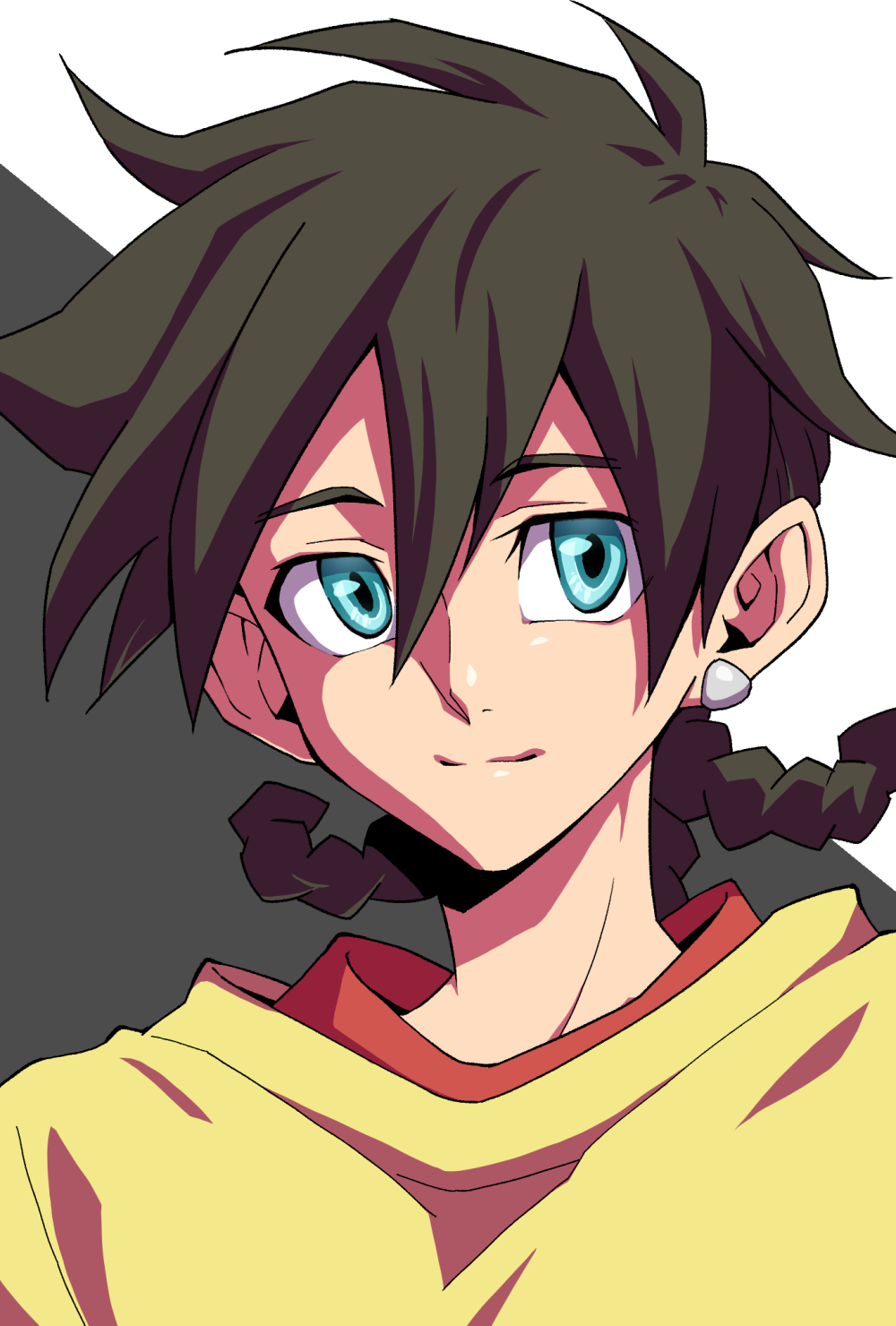 1boy, bangs, blue_eyes, braid, brown_hair, earrings, grey_background, hair_behind_ear