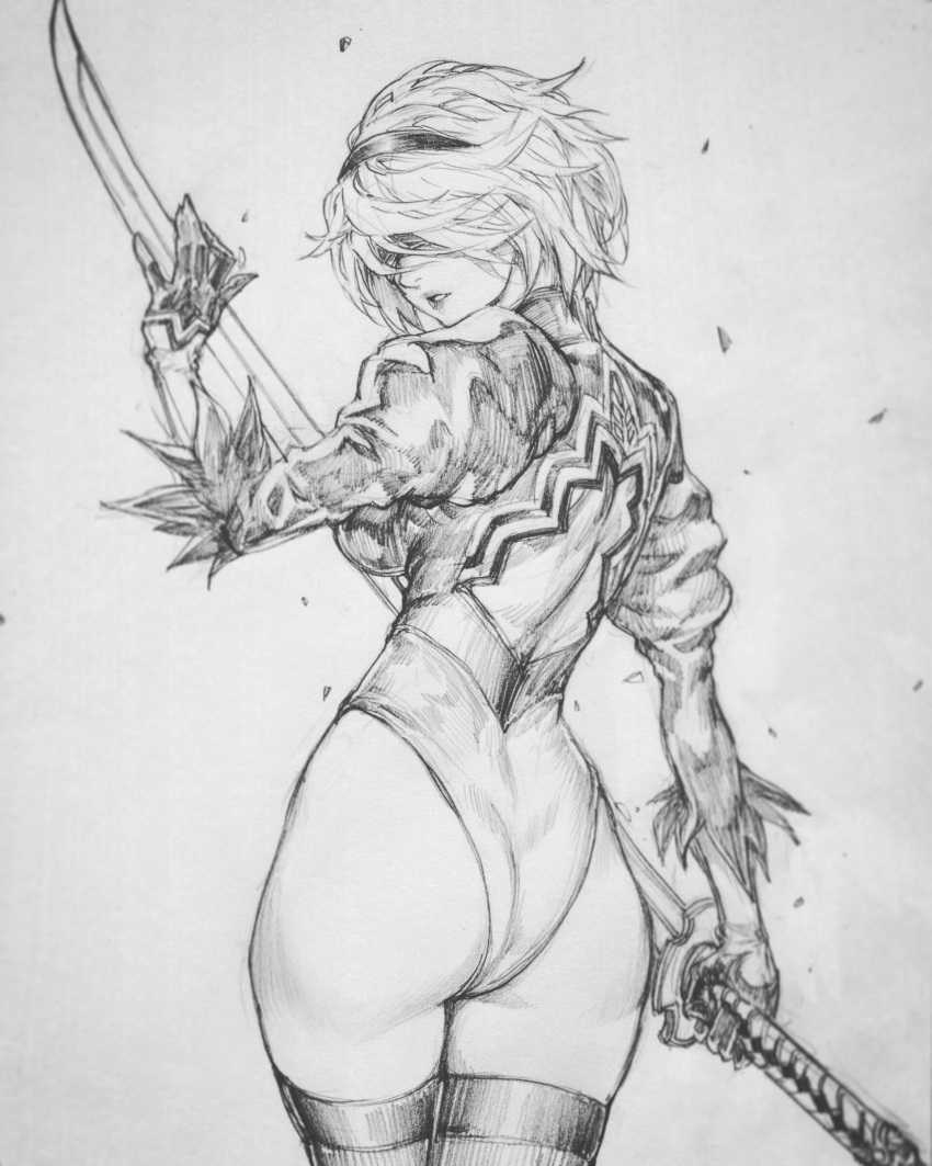 1girl, absurdres, ass, back_cutout, blindfold, breasts, clothing_cutout, cowboy_shot, from_behind, gloves, greyscale, hairband, highres, holding, holding_sword, holding_weapon, juliet_sleeves, leotard, leotard_under_clothes, long_sleeves, monochrome, nier_(series), nier_automata, no_pants, ozo_stato, parted_lips, puffy_sleeves, short_hair, simple_background, sketch, solo, sword, thigh-highs, weapon, yorha_no._2_type_b