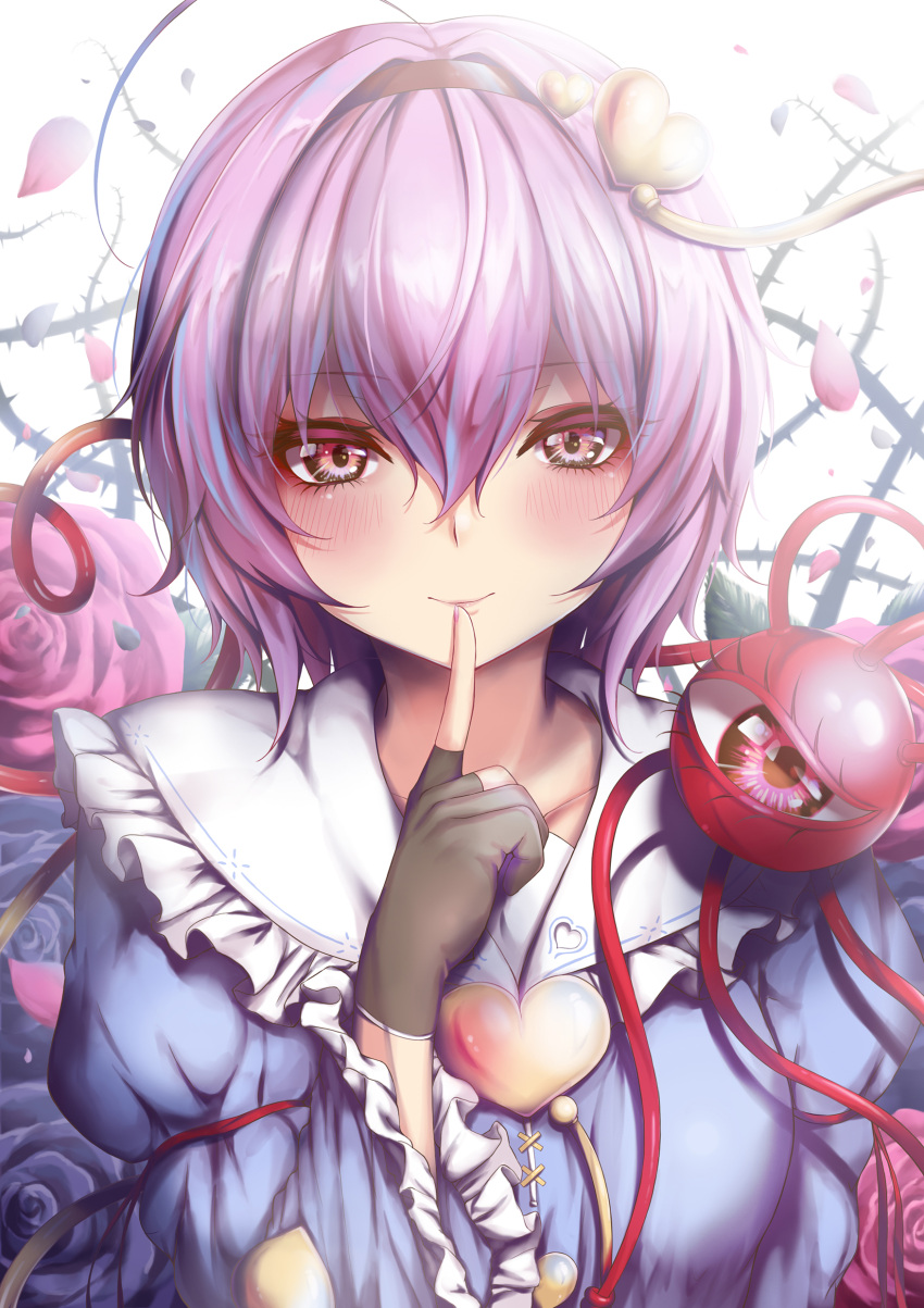 1girl, absurdres, ahoge, bangs, black_gloves, black_hairband, bloom, blue_shirt