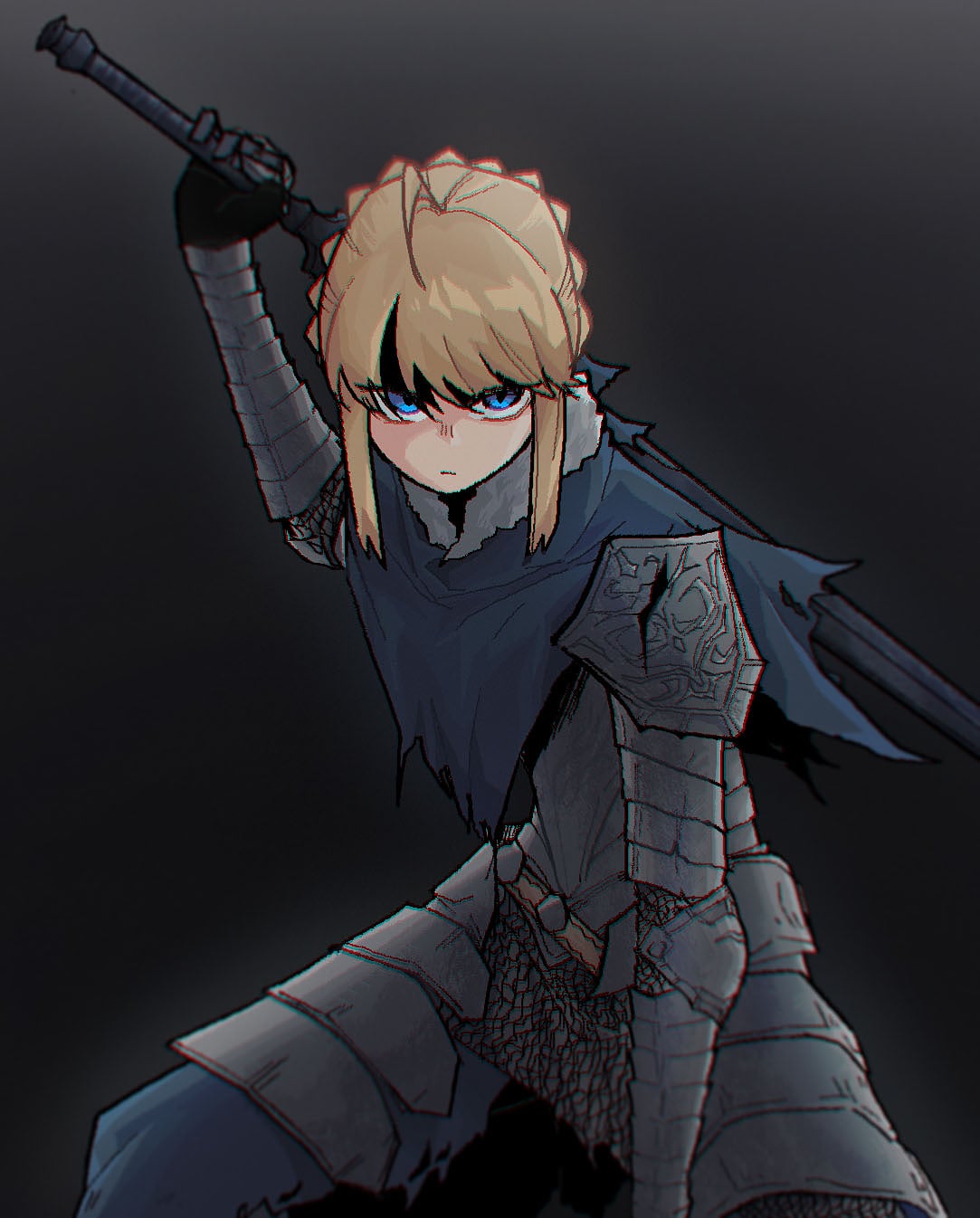 1girl, armor, artoria_pendragon_(fate), artorias_the_abysswalker, artorias_the_abysswalker_(cosplay), bangs, blonde_hair, blue_eyes, cosplay, crossover, dark_souls_(series), dark_souls_i, fate_(series), highres, holding, holding_sword, holding_weapon, knight, looking_at_viewer, namesake, saber, sidelocks, sword, tied_hair, weapon, wiltedattention
