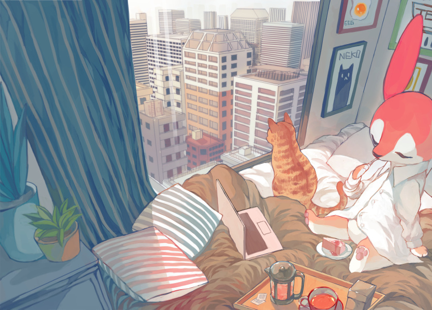 1boy, absurdres, animal_feet, animal_hands, animal_nose, arm_at_side, barefoot, blanket, body_fur, bottomless, building, buttons, cake, cake_slice, cat, city, closed_eyes, coffee_pot, collared_shirt, commentary, computer, cup, curtains, day, drink, eating, english_text, food, from_behind, full_body, furry, furry_male, hand_up, highres, holding, holding_spoon, indoors, jpeg_artifacts, laptop, long_sleeves, looking_outside, male_focus, mayumochini, on_bed, orange_fur, original, pawpads, picture_(object), picture_frame, pillow, plant, plate, potted_plant, red_fur, romaji_text, saucer, shirt, sitting, skyscraper, snout, solo, spoon, spread_legs, table, tea, teacup, tray, typo, white_fur, window