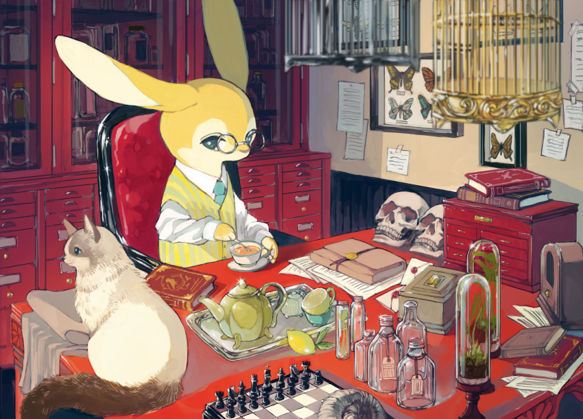1boy, absurdres, animal_ears, animal_hands, animal_nose, antique_radio, aqua_eyes, aqua_necktie, blurry, blurry_foreground, book, bottle, box, bug, butterfly, buttons, cabinet, cage, cat, chess_piece, chessboard, closed_mouth, cloth, collared_shirt, commentary, cup, drawer, drink, envelope, food, fruit, furry, furry_male, glass, glasses, grey-framed_eyewear, half-closed_eyes, hand_up, highres, holding, holding_spoon, indoors, insect_collection, jpeg_artifacts, lemon, long_sleeves, looking_at_viewer, male_focus, mayumochini, necktie, on_chair, original, paper, pawpads, picture_frame, pince-nez, radio, saucer, shirt, sitting, skull, snout, solo, spoon, stirring, striped, striped_vest, sugar_bowl, table, tape, tea, teacup, teapot, tray, upper_body, vest, wax_seal, white_shirt, yellow_vest
