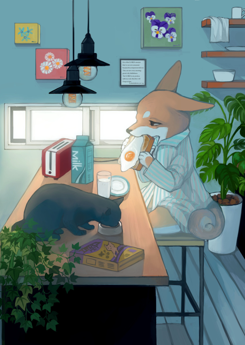 1boy, absurdres, animal_ears, animal_hands, bible_verse, black_eyes, blue_shirt, body_fur