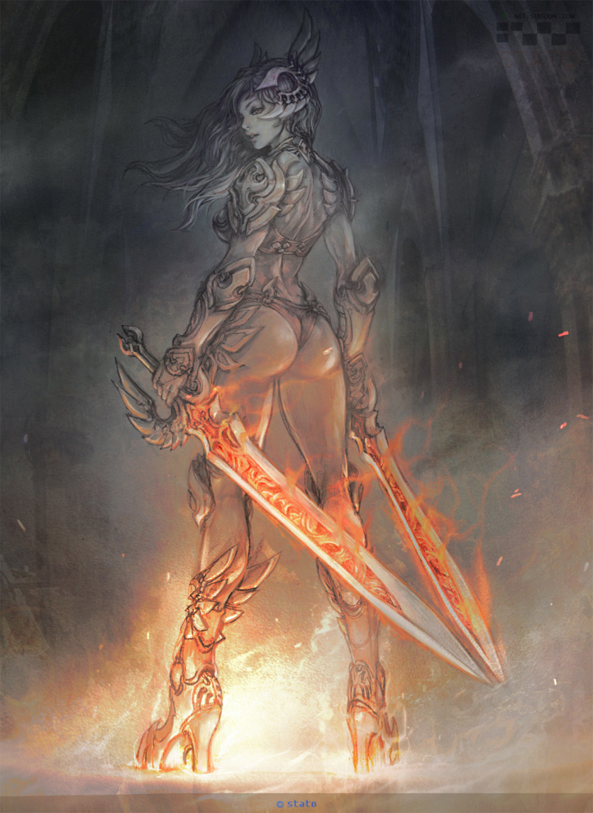 1girl, armor, armored_boots, arms_at_sides, ass, bikini_armor, boots, breastplate, breasts, dual_wielding, english_commentary, fantasy, fire, flame, floating_hair, from_behind, hallway, helmet, high_heel_boots, high_heels, highres, holding, holding_sword, holding_weapon, leg_wings, legs_apart, long_hair, looking_back, original, ozo_stato, partially_colored, pauldrons, profile, reverse_grip, shoulder_armor, smoke, solo, standing, sword, vambraces, weapon, winged_footwear, winged_helmet, winged_sword