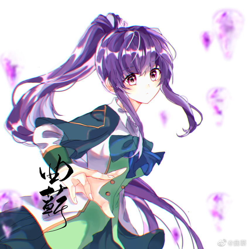 1girl, artist_request, black_hair, douluo_dalu, gu_yue_(douluo_dalu), hand_up, ponytail, ribbon