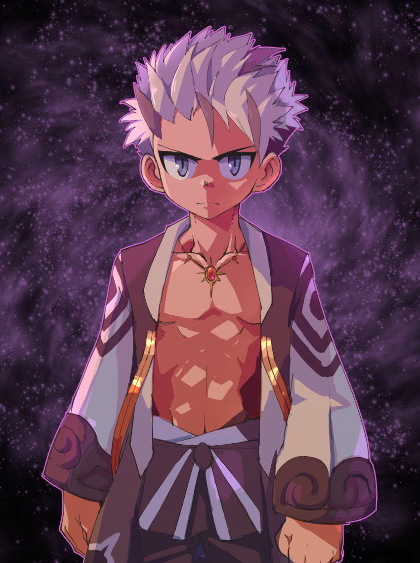 1boy, abs, character_request, child, colored_skin, commentary, gem, highres