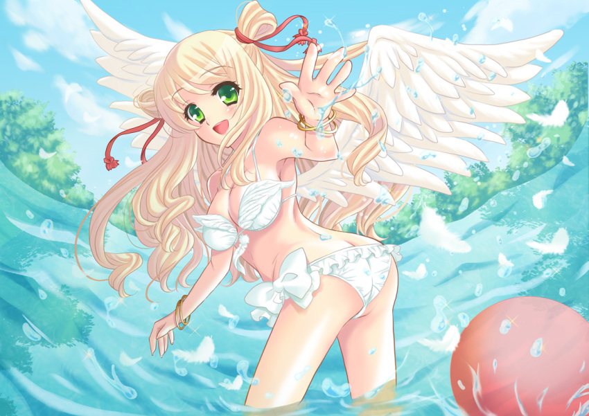 angel_wings, ass, ball, beachball, bikini, blonde_hair, butt_crack, green_eyes