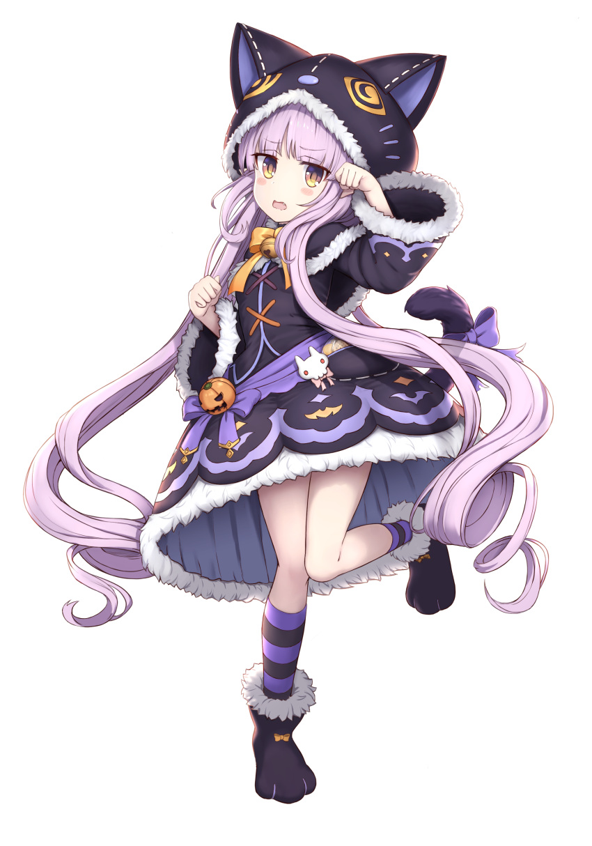 1girl, absurdres, animal_hood, bangs, black_dress, black_legwear, blush, boots, cementite, dress, eyebrows_visible_through_hair, fang, full_body, fur-trimmed_boots, fur-trimmed_dress, fur_trim, halloween, halloween_costume, highres, hood, kneehighs, kyouka_(princess_connect!), long_hair, looking_at_viewer, open_mouth, paw_pose, paw_shoes, princess_connect!, purple_hair, purple_legwear, short_dress, simple_background, solo, standing, standing_on_one_leg, striped, striped_legwear, twintails, very_long_hair, white_background, wide_sleeves, yellow_eyes