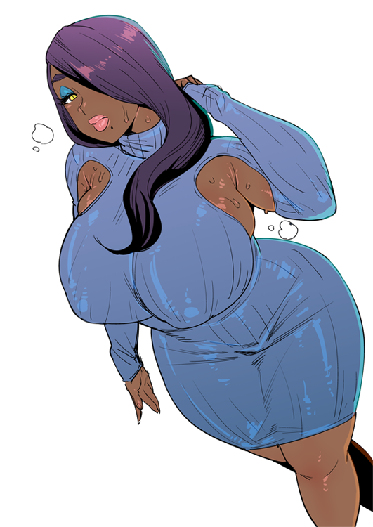1girl, black_hair, breasts, covered_nipples, curvy, dark-skinned_female, dark_skin, denim